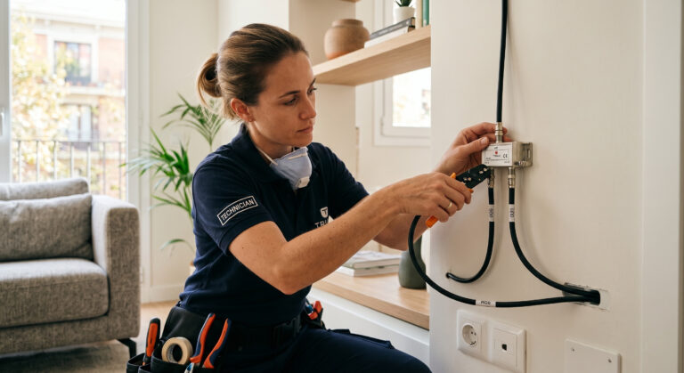 Técnico instalando un repartidor de señal de antena para conectar dos televisores en una vivienda