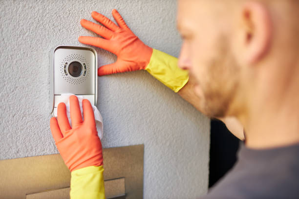 Técnico instalando una placa de videoportero en la entrada de un edificio