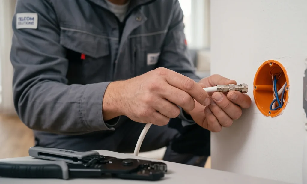 Detalle de conexión de cable coaxial a caja empotrada para toma de antena