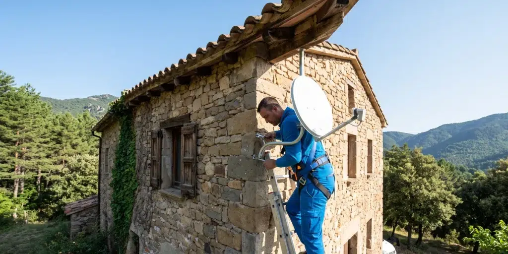 Antenista instalando una antena parabólica para TDT por satélite en una masía