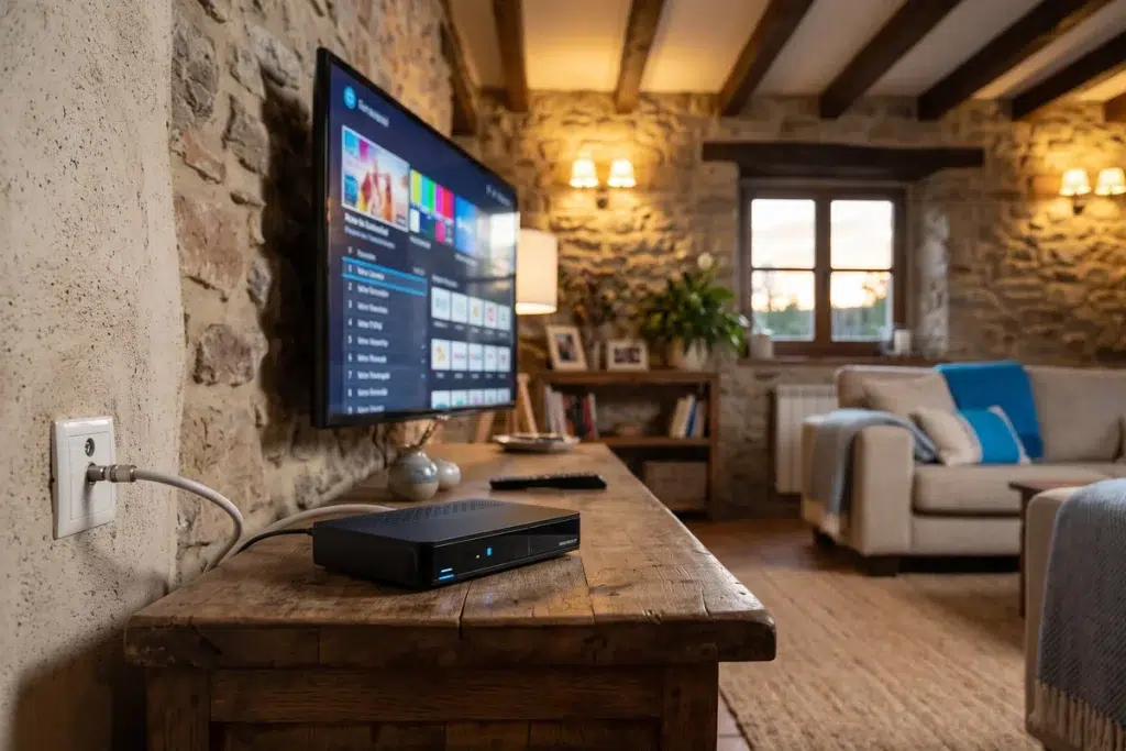 Salón con televisor y receptor TDT por satélite conectado a una toma TV-SAT